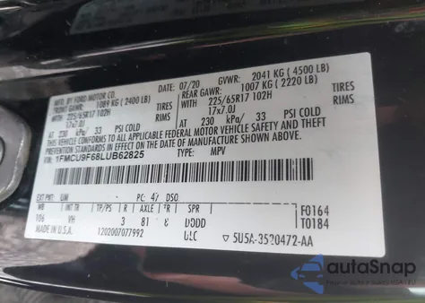 2020 Ford Escape S z USA, uszkodzony, nr VIN 1FMCU9F68LUB62825